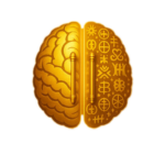Golden brain with symbols on right hemisphere
