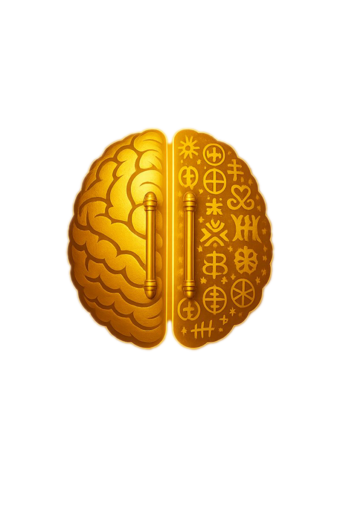 Golden brain with symbols on right hemisphere